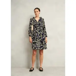 Hobbs London Navy Floral Zoe Dress with Ruffle Neck